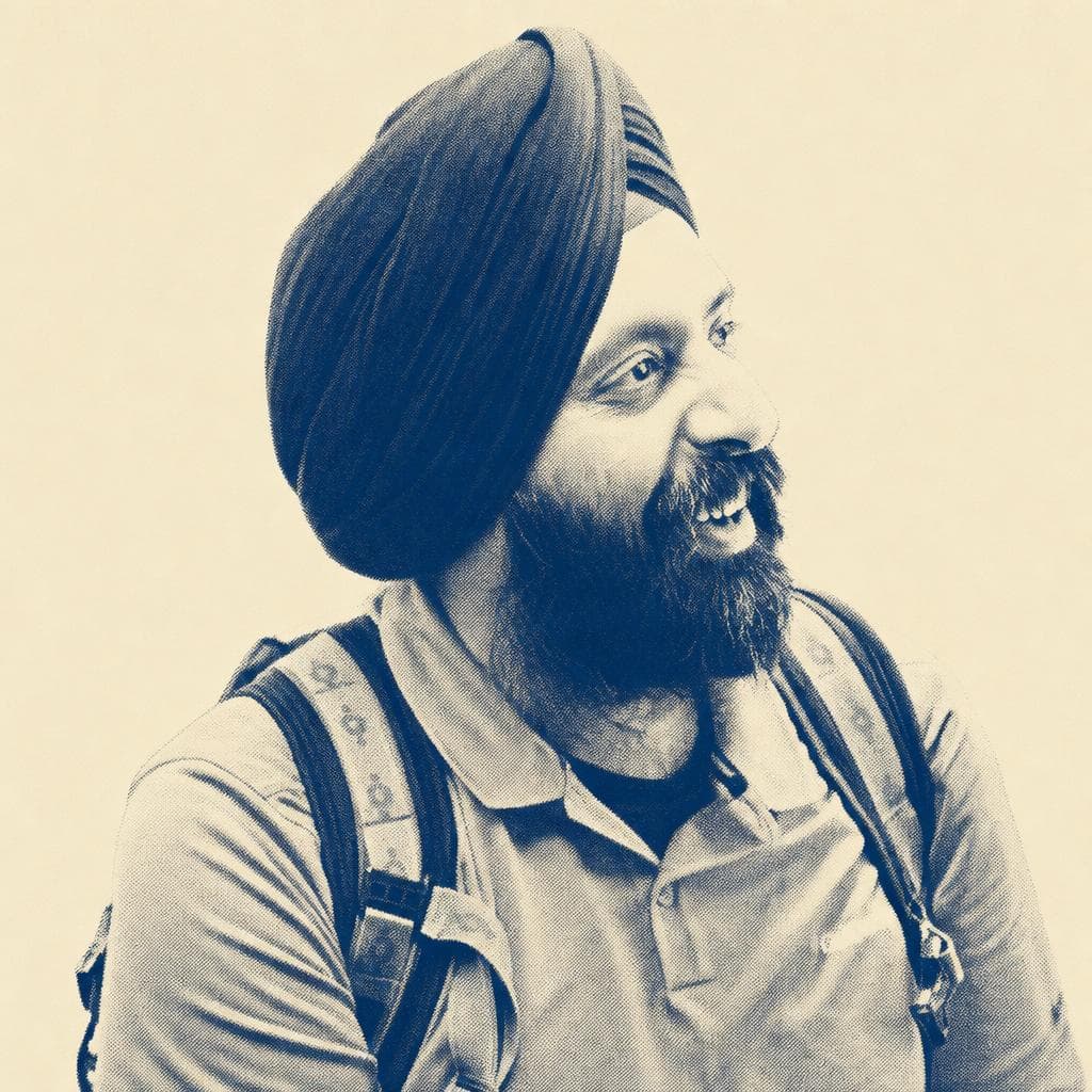 Aman Singh Bhutani, in a black dastar, photographed candidly.