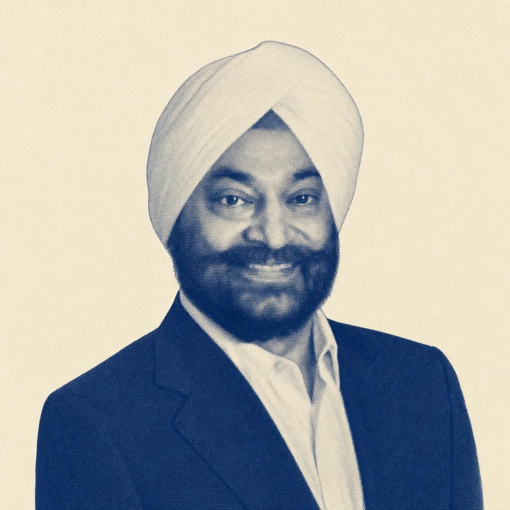 Supreet Singh Manchanda, in a white dastar and dark blazer.