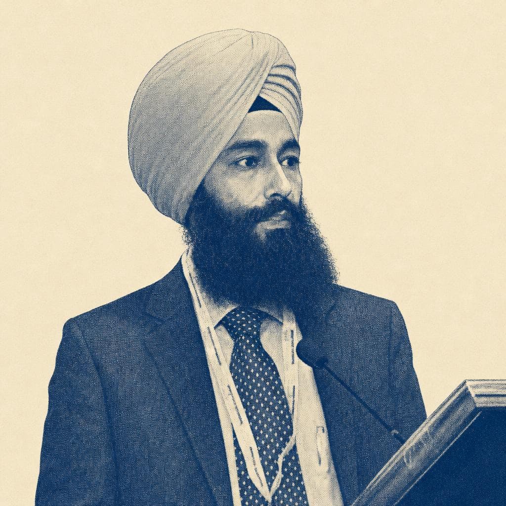 Davinder Pal Singh, in a light grey dastar, dark blazer and tie, speaking at a podium.