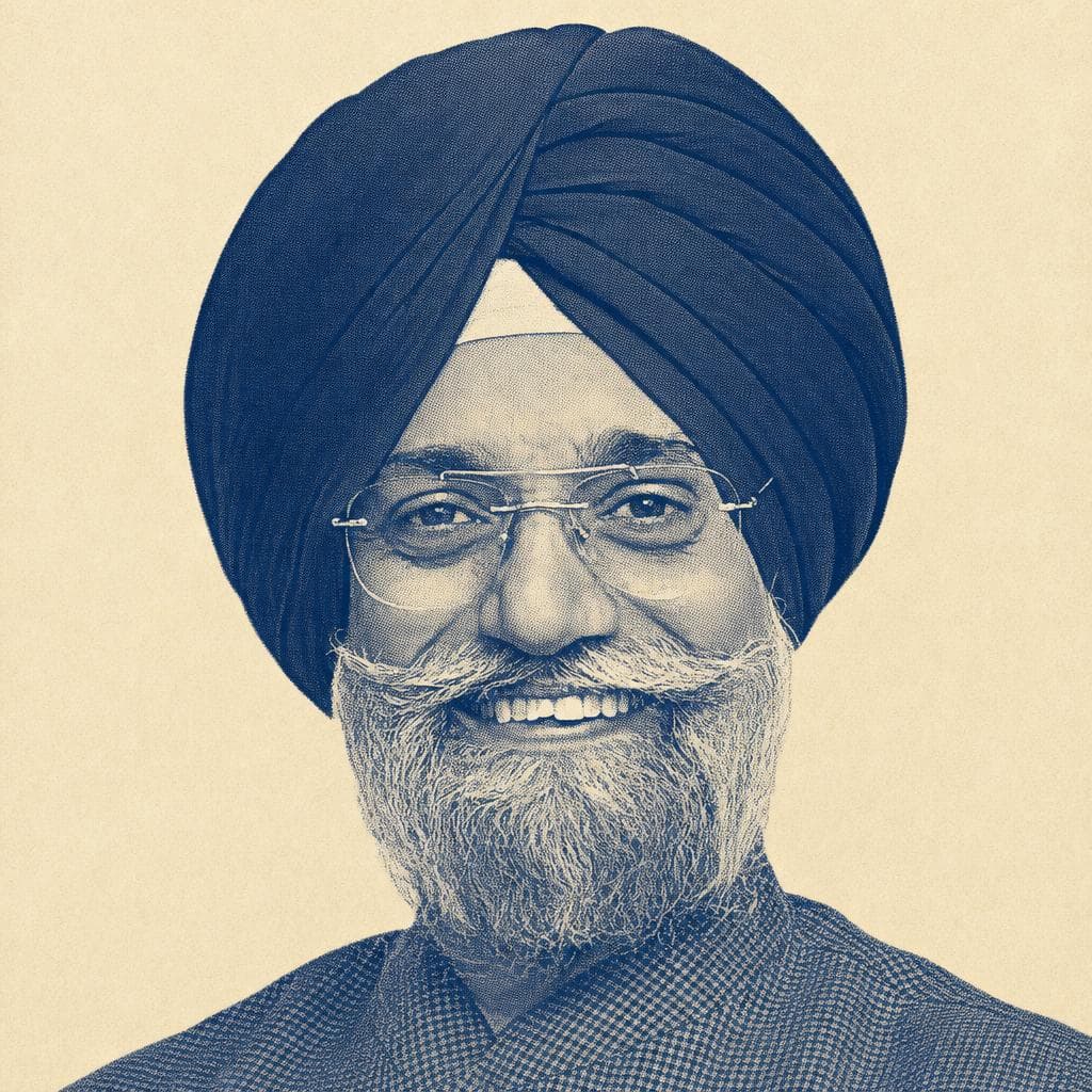 Dr. Karamjeet Singh, in a maroon dastar and rimless glasses, smiling broadly.